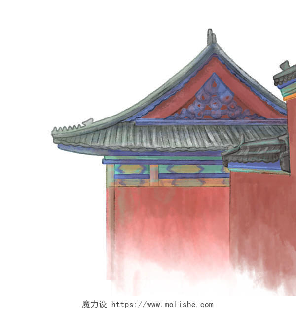 手绘中国古建筑水墨建筑PNG素材